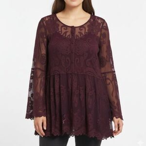Lane Bryant Burgundy Embroidered Lace Babydoll Peplum LS Top Size 14/16